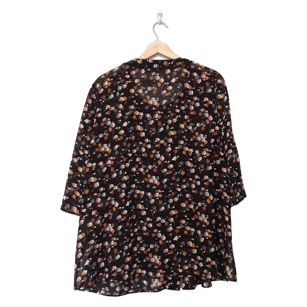 Leilian レリアン チュニック サイズ13 S レディース - 黒×ライトブラウン×マルチ 七分袖 花柄 フリル