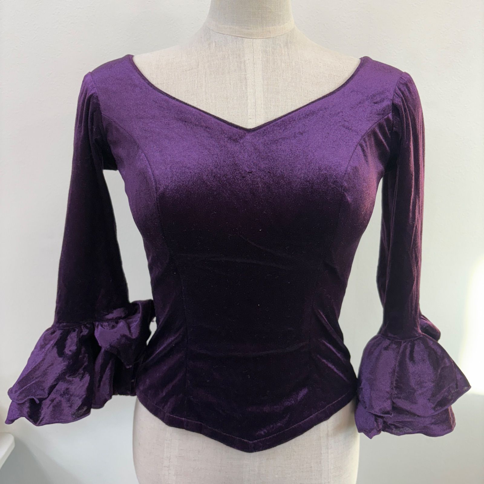 ソニアジョーンズ フラメンコ衣装 トップス 紫 オーガンジー ベロア フリル レース 長袖