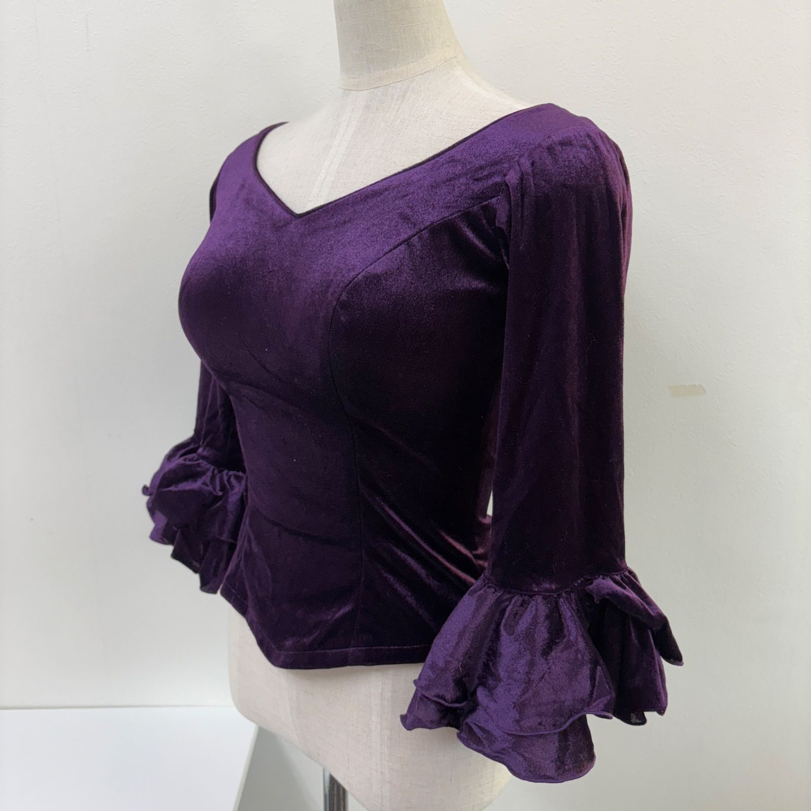 ソニアジョーンズ フラメンコ衣装 トップス 紫 オーガンジー ベロア フリル レース 長袖