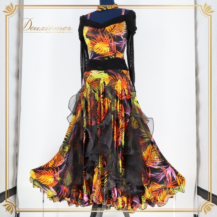 社交ダンス 衣装 ドレス ワンピース パーティ 発表会 黒 フリル レース 柄 模様 ブラック系 オレンジ系 伸縮素材 薄い素材 ふんわり広がる Mサイズ レオタード 競技用 衣装 ドレスアップ おしゃれ レディース イベント