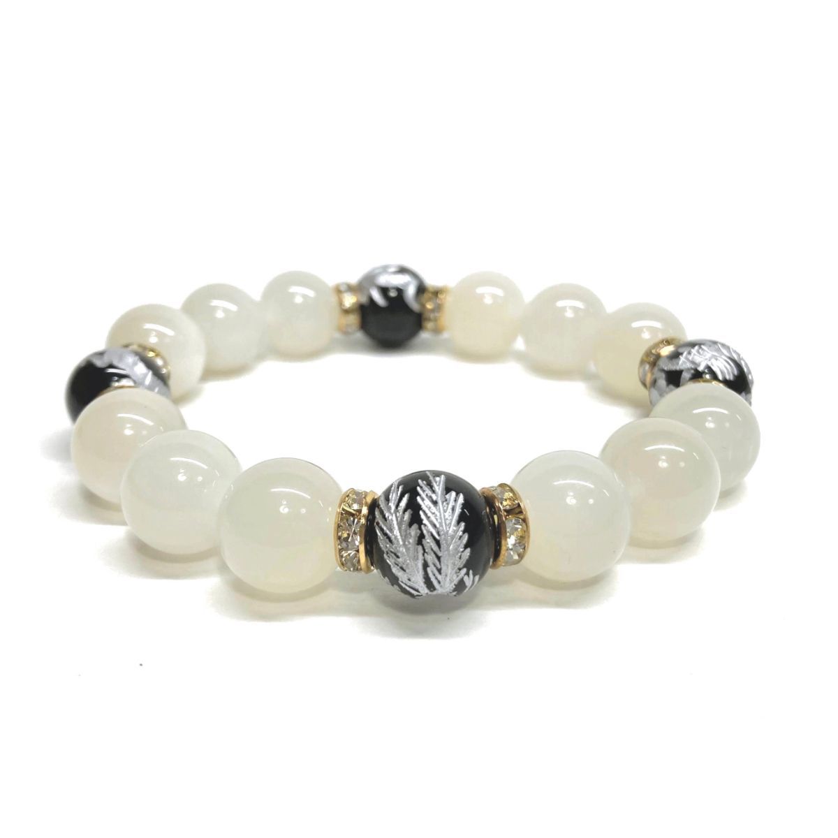12mm 四神獣銀彫オニキス×ムーンストーン パワーストーン ブレスレット天然石 運気上昇 開運 [l] お守り ショップ 青龍 白虎 玄武 朱雀  6月誕生石 （ゴールド）メンズ・レディース 男性・女性 数珠ブレス 開運 [l]