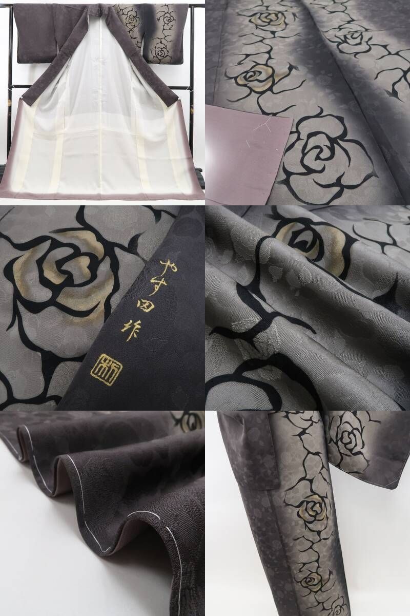 ❁tomihisa❁新品 薔薇 やす田作 落款 着物 正絹 仕付け糸付”薔薇を