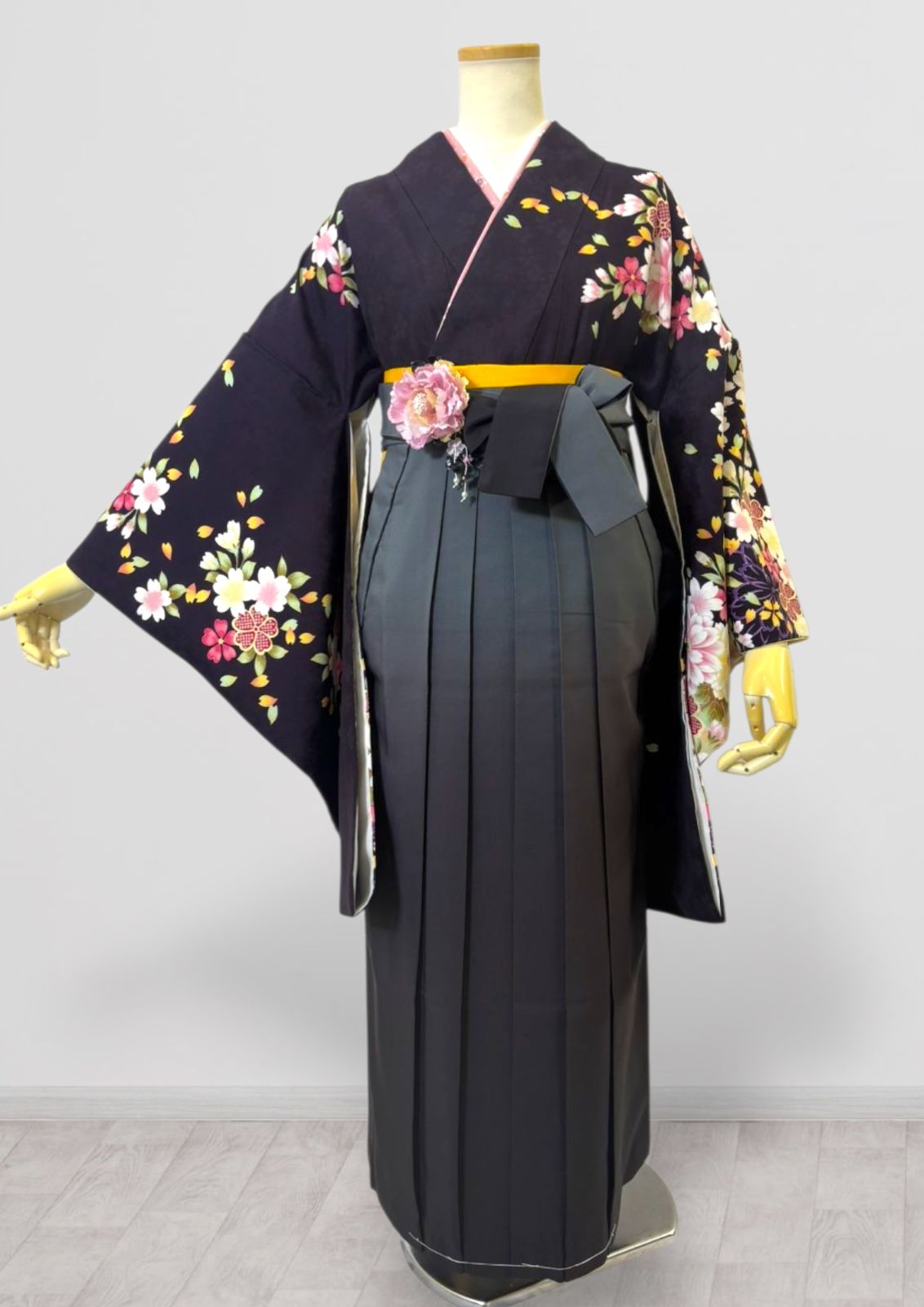 着物 袴 帯 3点セット セット販売 卒業式 に レディース袴セット 成人式 卒業式に 華やか和装 紺 濃紺 グレー ぼかし 小花柄 桜 95-31