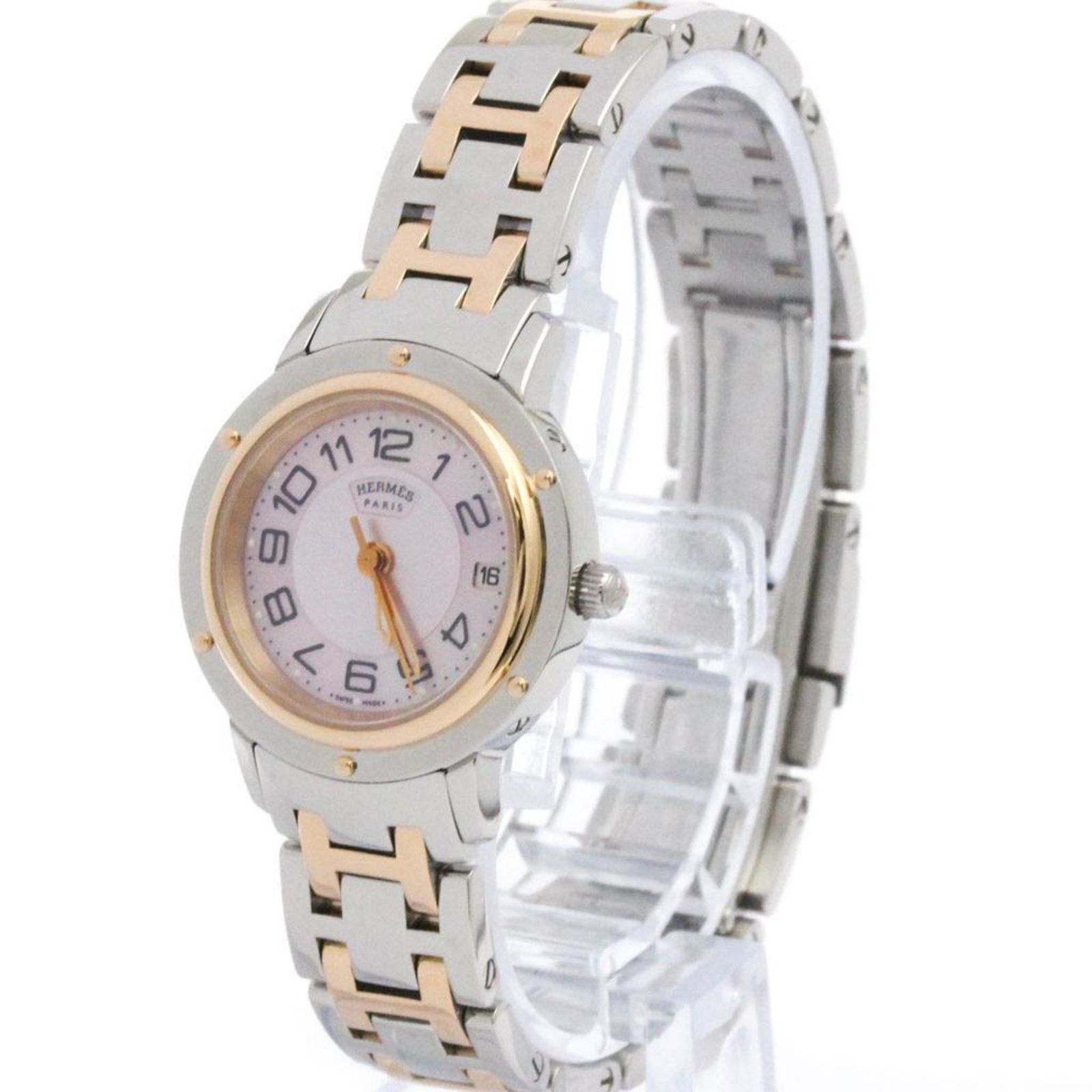 エルメス (HERMES) クリッパー シェル文字盤 ピンクゴールドプレート