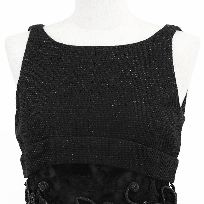 CHANEL シャネル ワンピース P 49367 ツイード 花柄 フラワー レース ロープコード 刺繍 ラメ糸 ロゴ COCOマーク チャーム バックオープン ノースリーブ ドレス レディース サイズ 36 ブラック 黒 フランス製