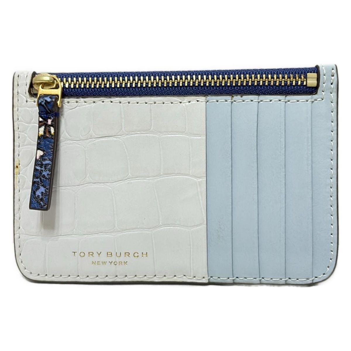 TORY BURCH トリーバーチ コインケース - ライトグレー×ライトブルー×マルチ フラワー 花 |カードケース付き レザー