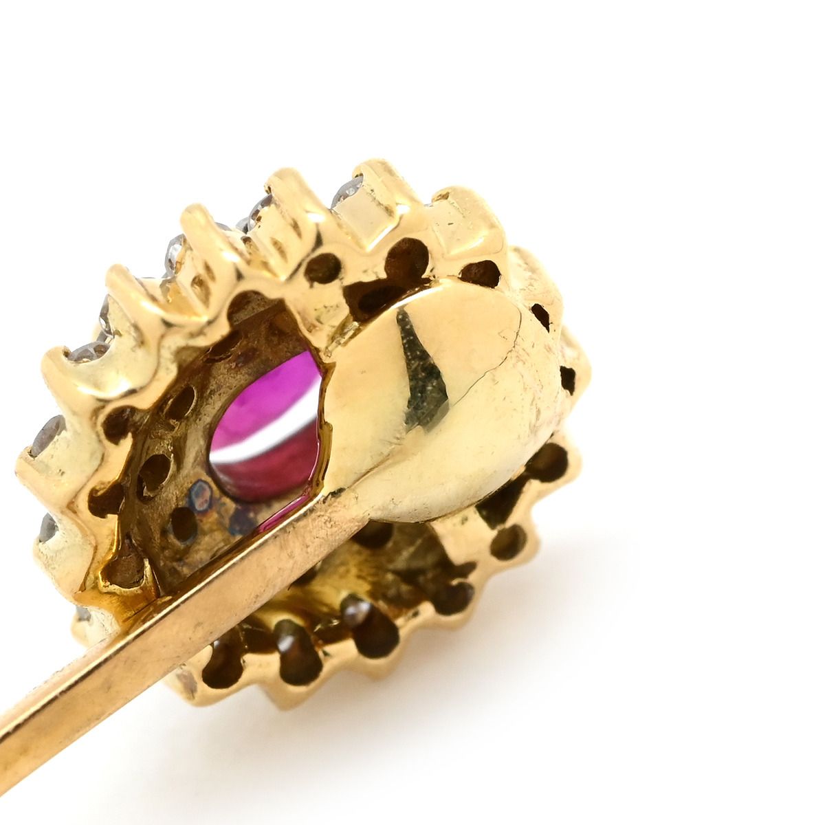 服 イヤリング K18YG ルビー ダイヤモンド レッド×イエローゴールド 赤 Au750 18K 18金 1P 1石 1粒 ルビー パヴェ ダイヤ オーバル