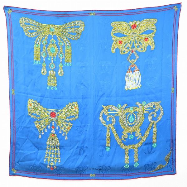 axe カルティエ Cartier スカーフ 水色系 マルチ ブローチ柄 ビジュー