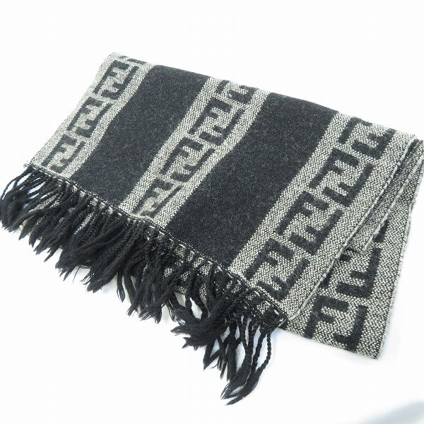 we フェンディ FENDI マフラー 黒 ライトグレー ズッカ柄 モノトーン ウール イタリア製 ユニセックス 969554 k01