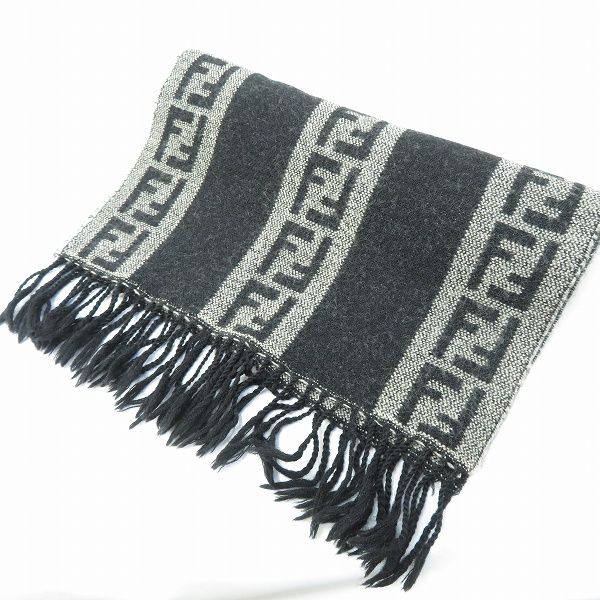 we フェンディ FENDI マフラー 黒 ライトグレー ズッカ柄 モノトーン ウール イタリア製 ユニセックス 969554 k01
