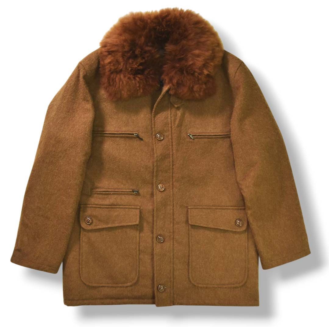 最 ペルー製 プロヴェンツァーノ PROVENZANO アルパカ100％ ウール 襟ファー フィールドコート 裏地キルティング ジャケット L ブラウン メンズ