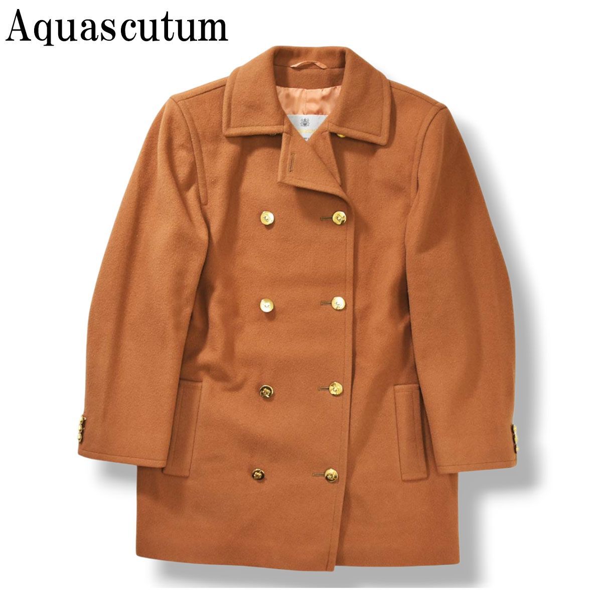 入手困難 70s80sヴィンテージ 英国製 アクアスキュータム Aquascutum エンブレム 金ボタン ウール ハーフ丈 オーバーコート ピーコート キャメル レディース ♪