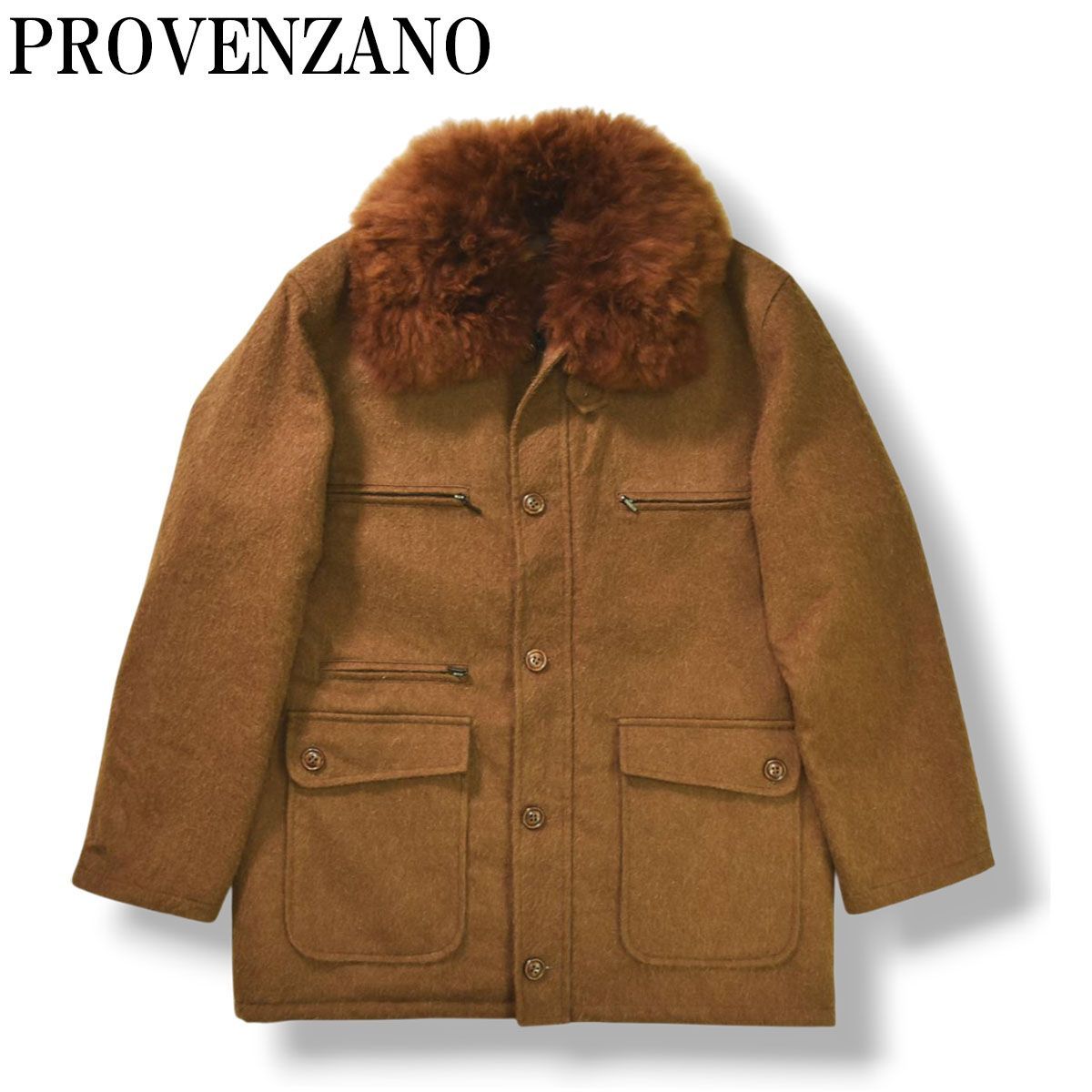 最 ペルー製 プロヴェンツァーノ PROVENZANO アルパカ100％ ウール 襟ファー フィールドコート 裏地キルティング ジャケット L ブラウン メンズ