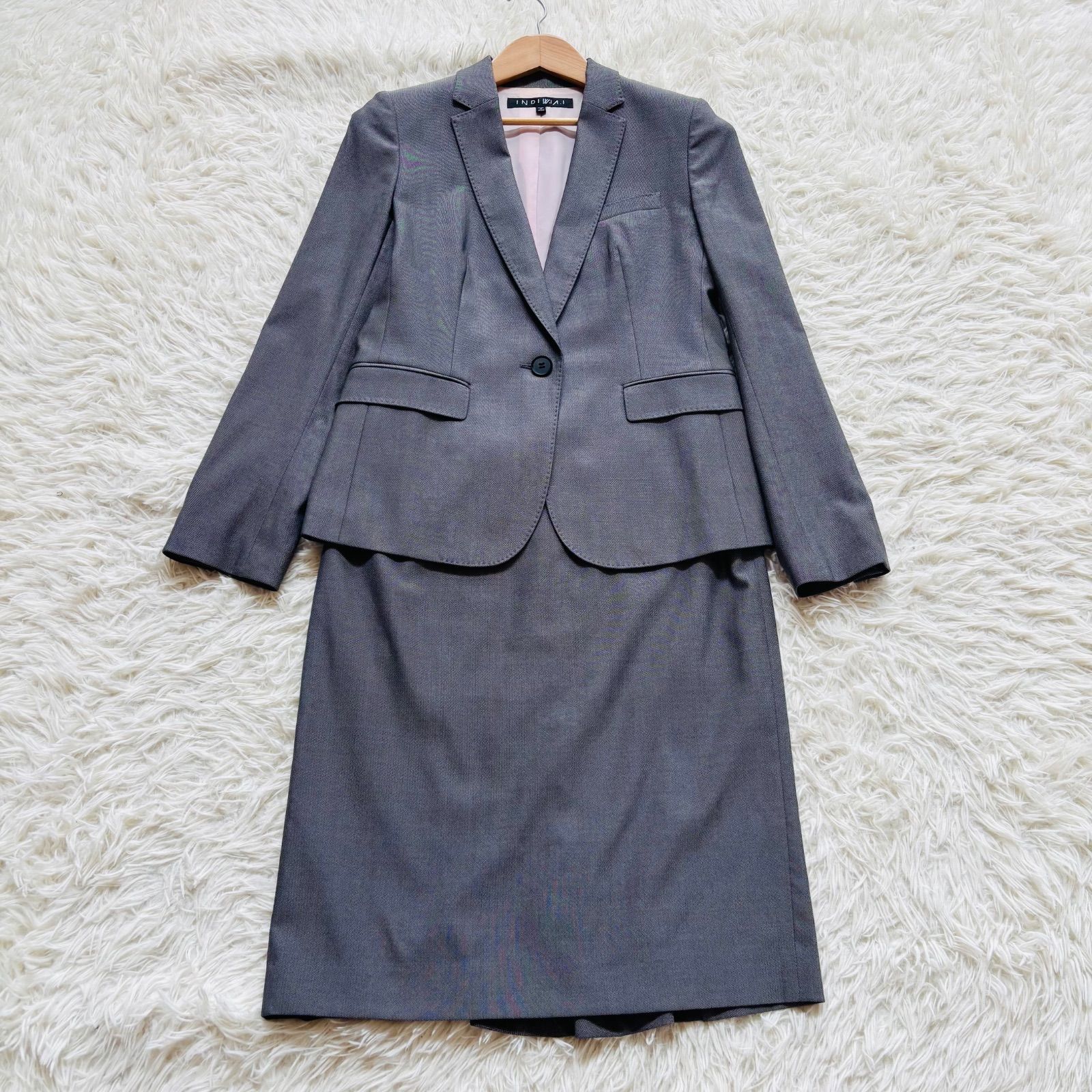 インディヴィ ロロピアーナ生地 イタリア 生地 スカートスーツ セットアップ グレー ワールド Lサイズ