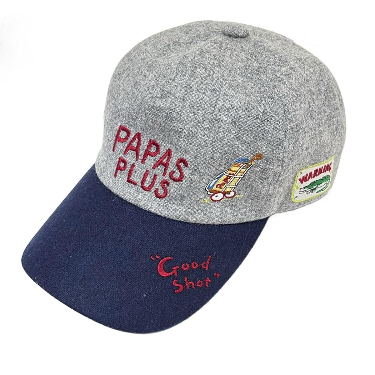 Papas パパス キャップ - グレー×ネイビー×マルチ 刺繍 コットン ウール