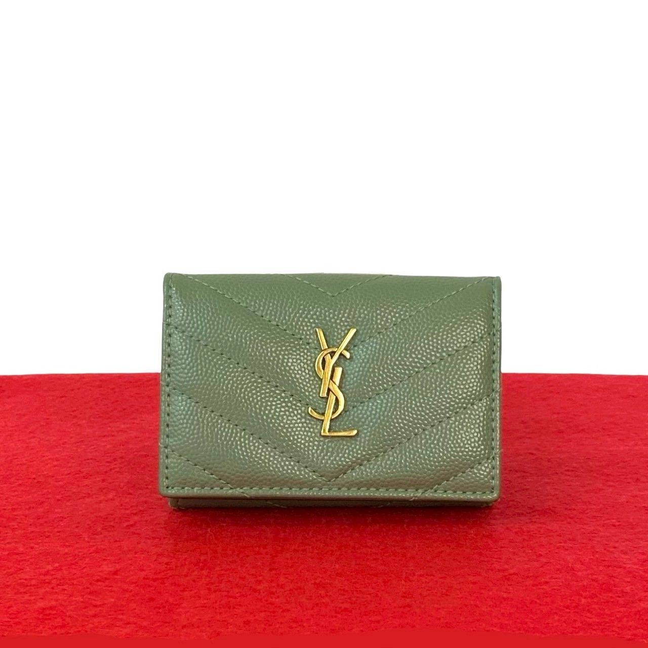 ♥保管品 品 SAINT LAURENT PARIS サンローランパリ YSL ロゴ 金具 レザー 本革 三つ折り財布 ミニ ウォレット グリーン 26195