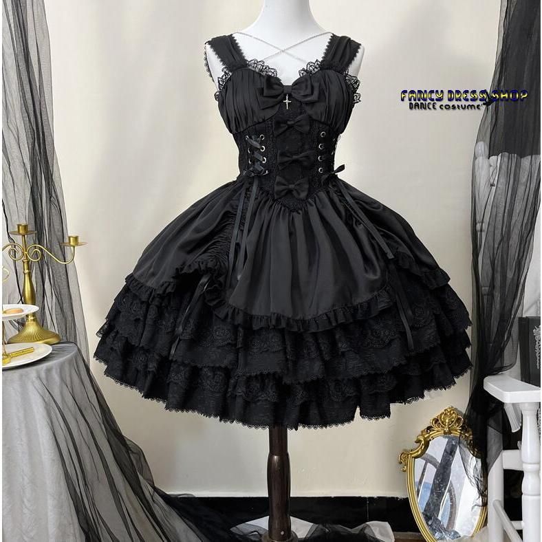 憧れの ゴシック＆ロリータ ワンピース ジャンパースカート フリル ロリータドレス ゴスロリ ロリータ服 黒 暗黒系 膝丈 ボリューム コスチューム 是非この機会に!!