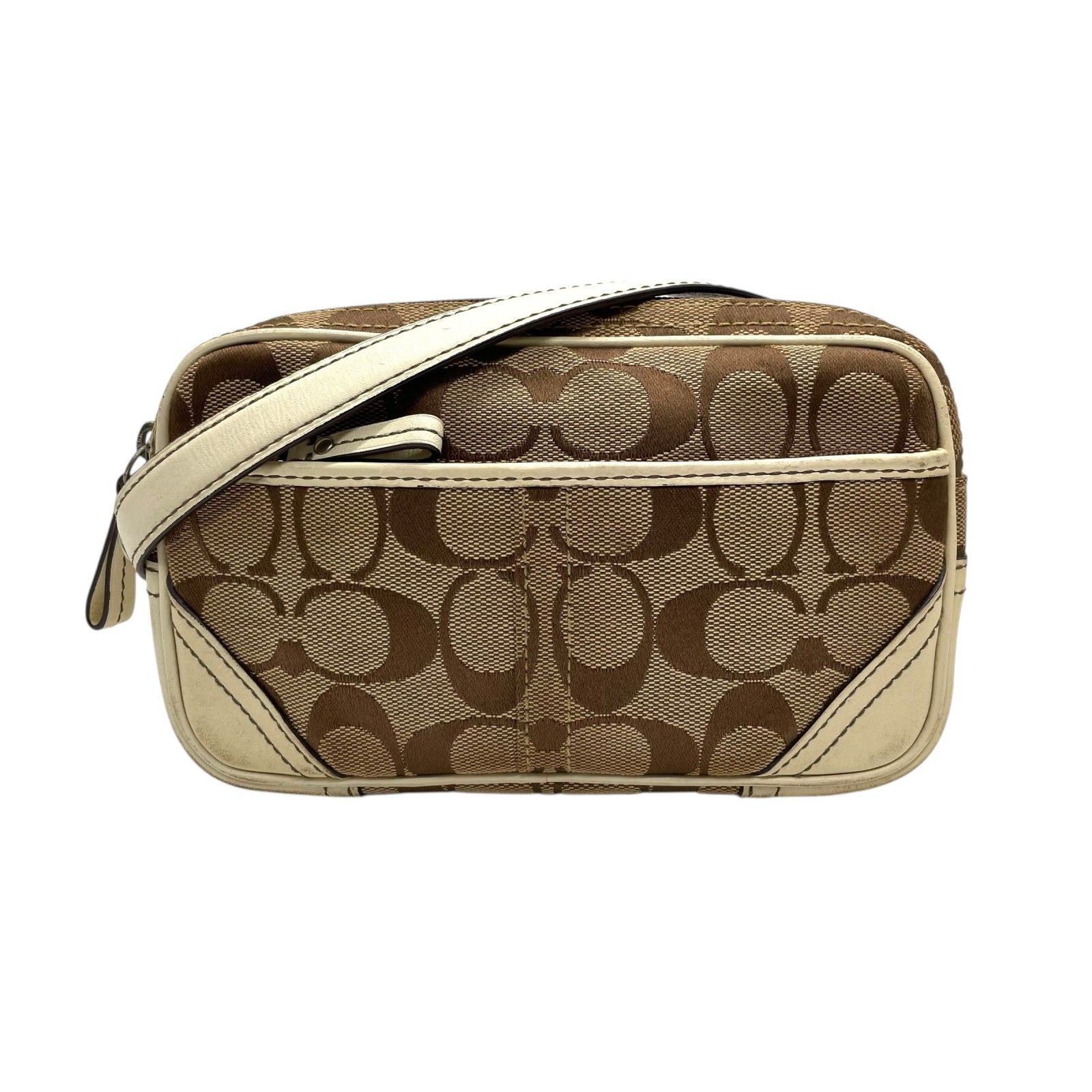 コーチ COACH ポシェット ショルダーバッグ ウエストバッグ シグネチャー柄 ベージュ 白 ホワイト レザー キャンバス ミニバッグ U8