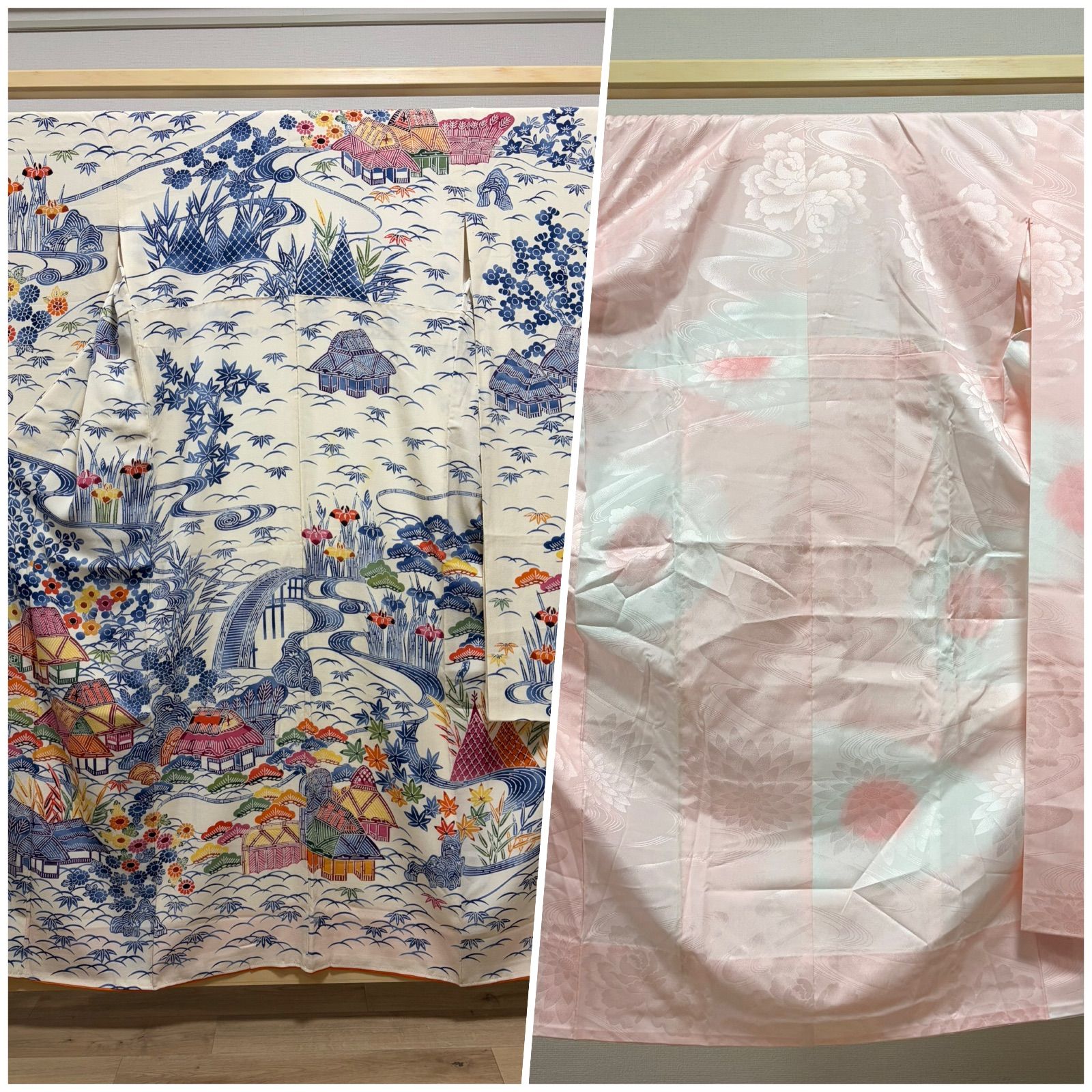 B5◆着物くつろぎ 振袖襦袢セット 型染め 風景模様 白 クリーム色 縮緬 正絹 袷 着物 K9