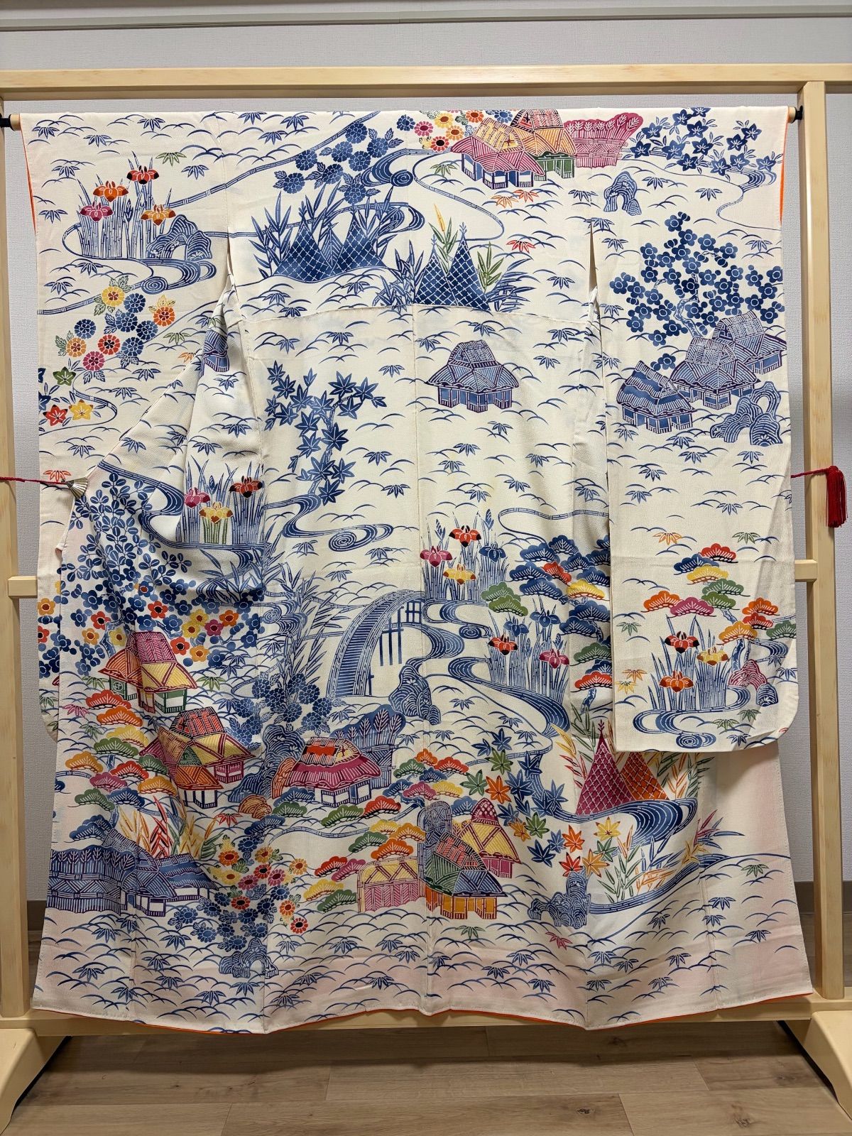 B5 着物くつろぎ 振袖襦袢セット 型染め 風景模様 白 クリーム色 縮緬 正絹 袷 着物 K9