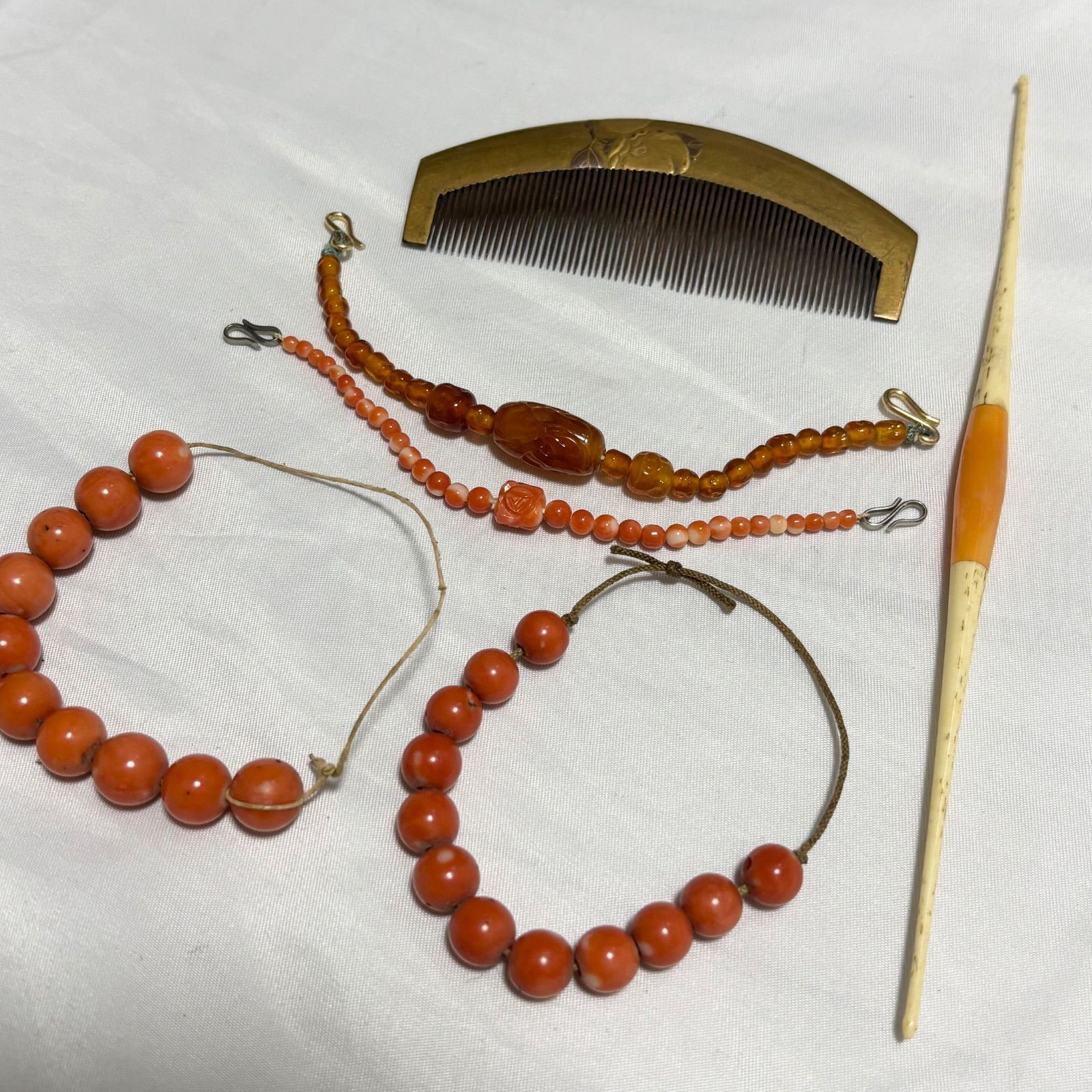 送料無料 珊瑚小物|アクセサリー|櫛|くし|羽織留め|ヴィンテージ|和装小物| 品6点セット