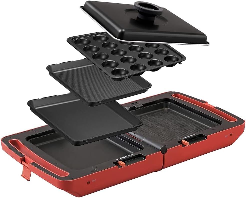 【IRIS OHYAMA(アイリスオーヤマ)】ホットプレート 両面ホットプレート 平面プレート たこ焼きプレート 焼き肉プレート 3枚 蓋付き 折り畳み 同時調理 丸洗い可 保証付き コンパクト収納 DPOL-301-R レッド