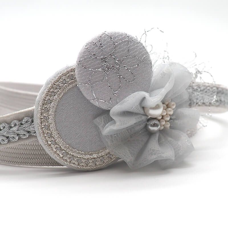 帯締め 振袖用 飾り付き 正絹 平組 グレー 丸モチーフ レース パール 長さ150cm 幅1.2cm 着付け小物 和装小物