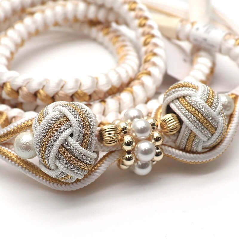 帯締め 振袖用 飾り付き 正絹 丸組 白 金 小田巻 パール飾り 煌びやか 長さ162cm 幅1.2cm 着付け小物 和装小物