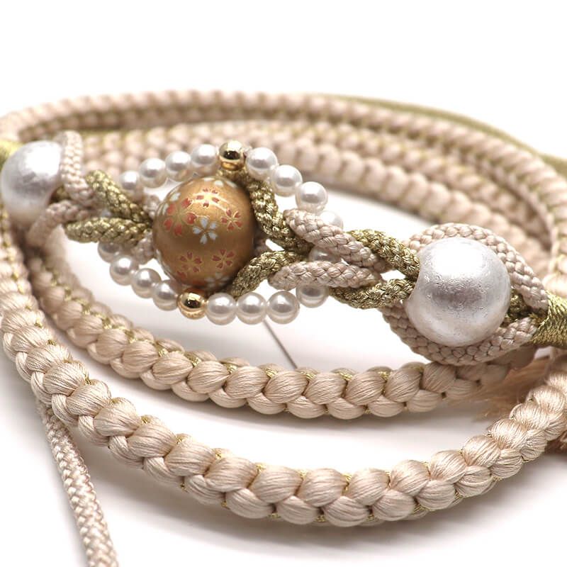 帯締め 振袖用 飾り付き 正絹 丸組 白ベージュ 玉飾り パール 長さ170cm 幅1cm 着付け小物 和装小物