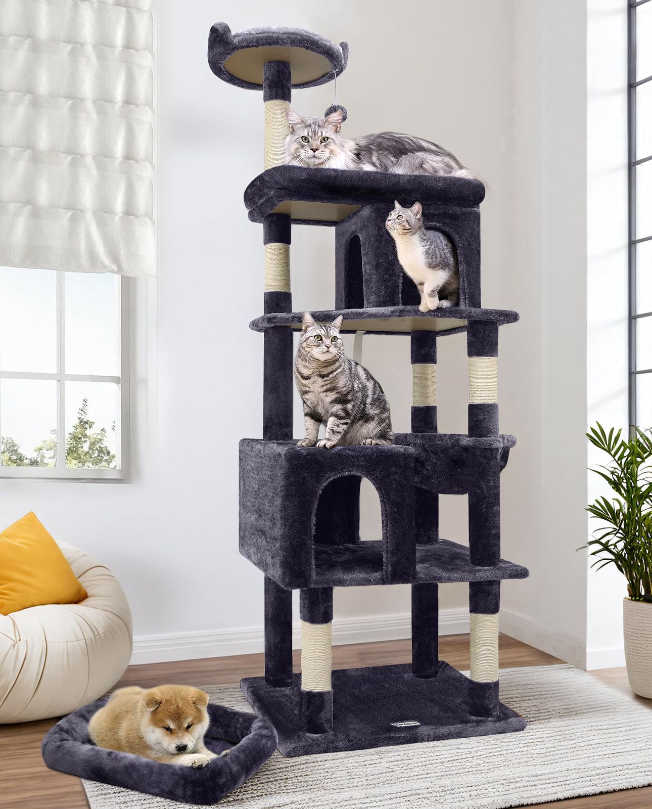 Globlazer キャットタワー ねこタワー 大型猫用 猫タワー 成猫 多頭飼い 据え置き型 登りやすい 2ねこハウス 6麻紐爪とぎポール ２つの展望台 猫 ベッド ハンモック おもちゃ 転倒防止ベルト付き 運動不足解消 安定 頑丈 高さ183cm ダ