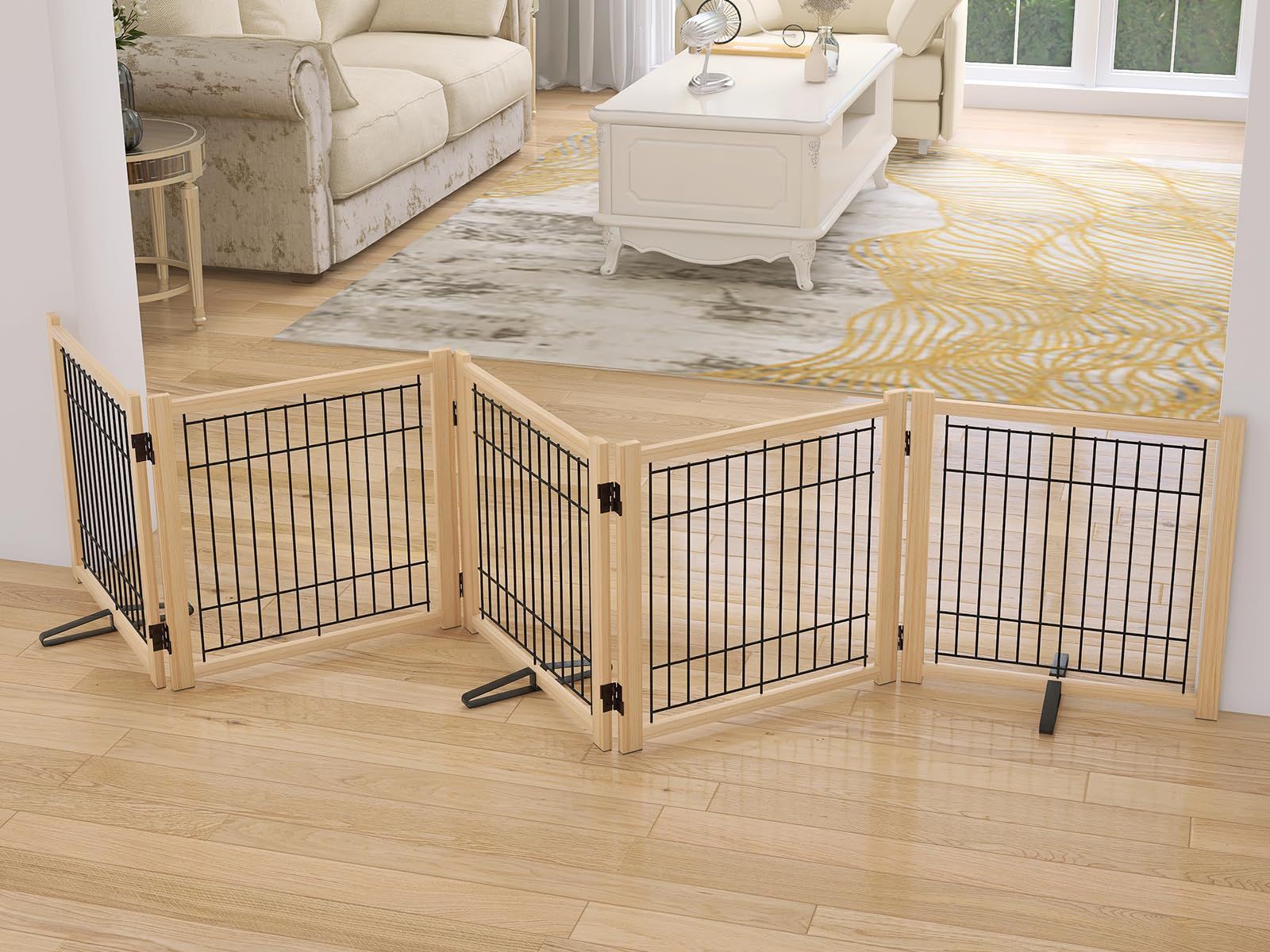 Oapety ペットゲート ペットサークル 折りたたみ ペットフェンス 室内 木製 犬 柵 脱走飛び出し防止 高さ58cm 幅292cm 倒れない設計 簡単設置 中小型犬用