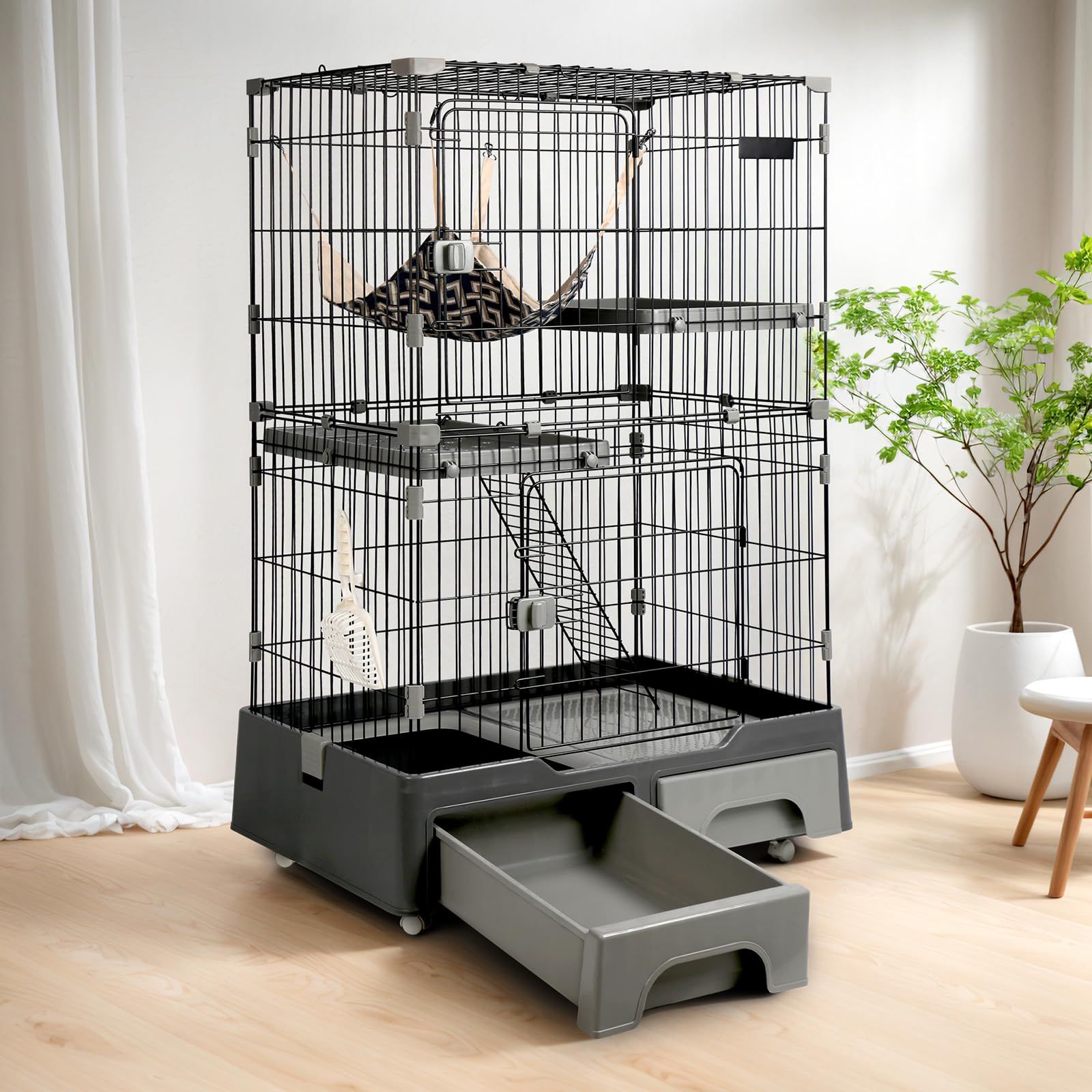 猫 ケージ キャットケージ ペットケージ トイレ付き 引き出し キャスター 3段 大型 猫用 キャットサークル コンパクト 組み立て簡単 梯子 ワイド扉付き おしゃれ 日本語説明書 頑丈 耐荷重10kg グレー 3段