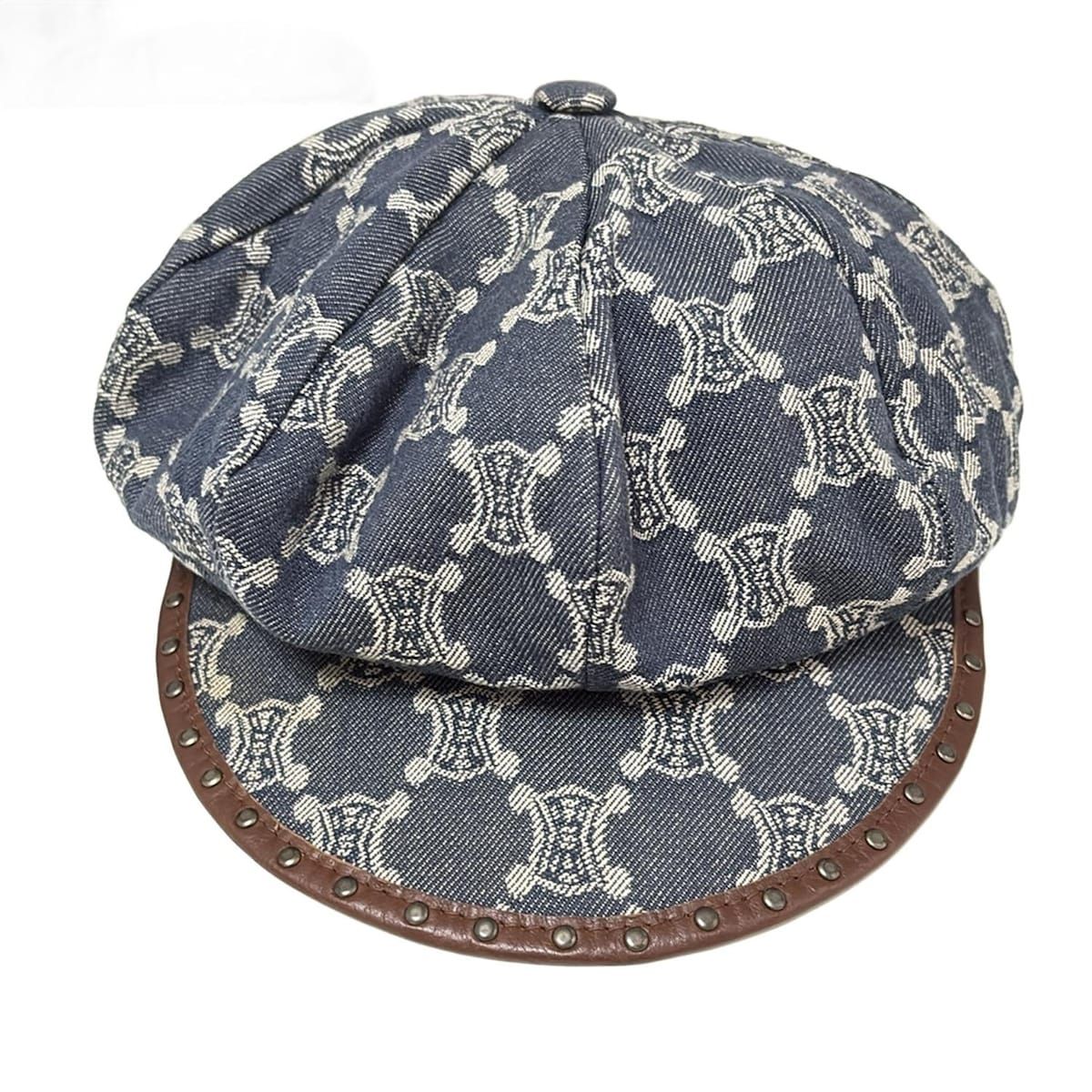 CELINE セリーヌ 帽子 S - ネイビー×ライトグレー×ダークブラウン キャスケット マカダム柄 スタッズ レザー