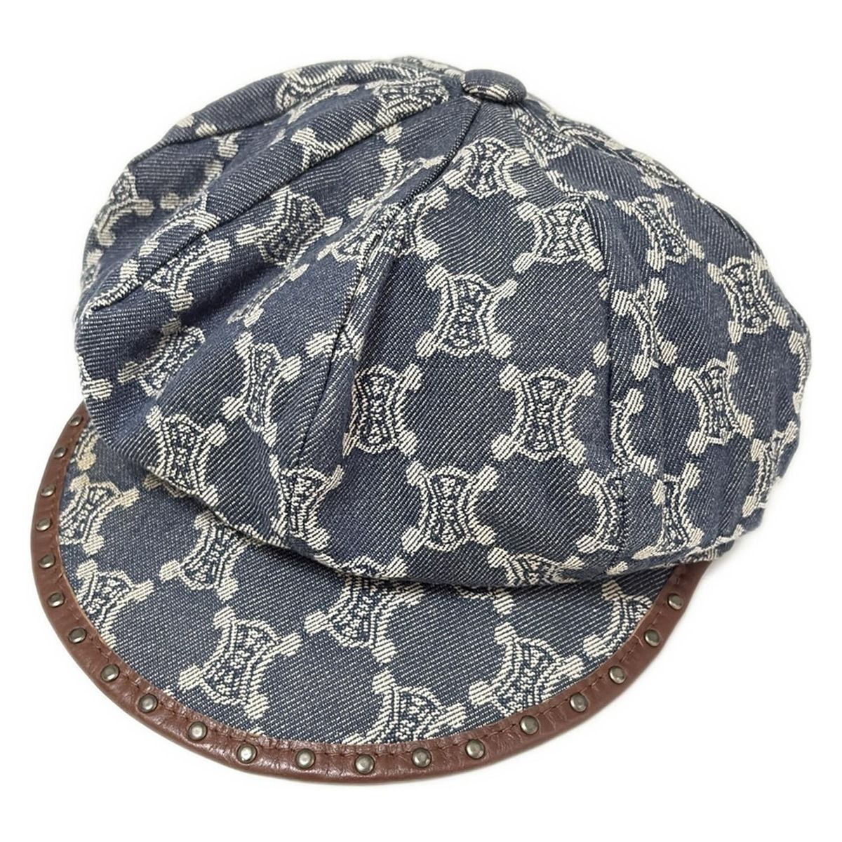 CELINE セリーヌ 帽子 S - ネイビー×ライトグレー×ダークブラウン キャスケット マカダム柄 スタッズ レザー