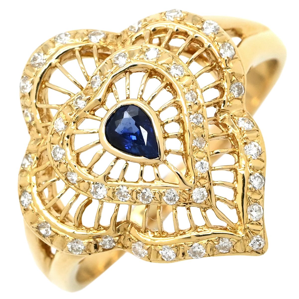 リング 指輪 ブルーサファイア ダイヤリング K18YG ダイヤモンド アクアマリン イエローゴールド×ブルー Au750 18K 18金 透かしハートモチーフ 20号