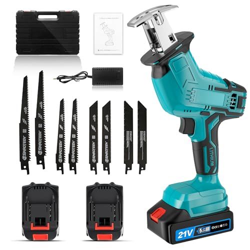 レシプロソー 電動ノコギリ 充電式 21V 無段変速 2000mAh 2個バッテリー付き-高炭素鋼替え刃8本 コードレスノコギリ 充電式ノコギリ 小型 枝切り 竹を切る 庭木の剪定 粗大ごみ切断 木材切断 金属切断 収納ケース 付き 日本語取扱説明書付mp