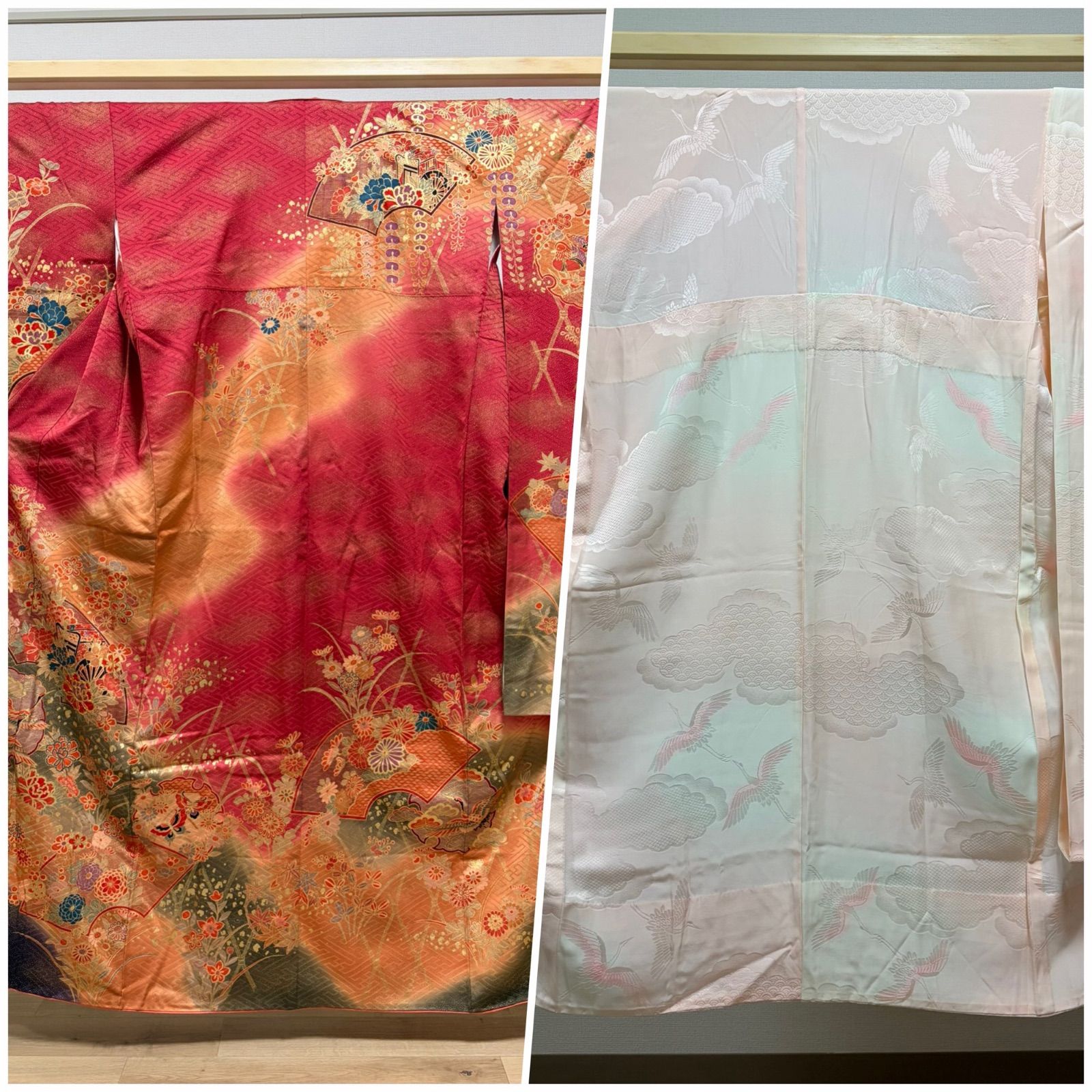 C5◆着物くつろぎ 振袖襦袢セット 花々 蝶 鶴 鴛鴦 金駒刺繍 金彩 赤 正絹 袷 着物 成人式