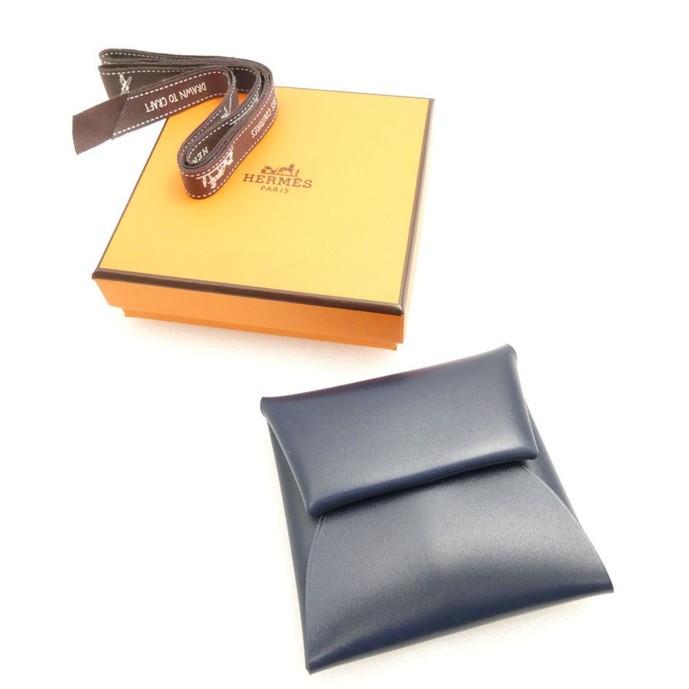 ♥ HERMES エルメス バスティア ボックスカーフ ブルーアビス コインケース サイフ 財布 コンパクト W刻印 レディース AM7311W1
