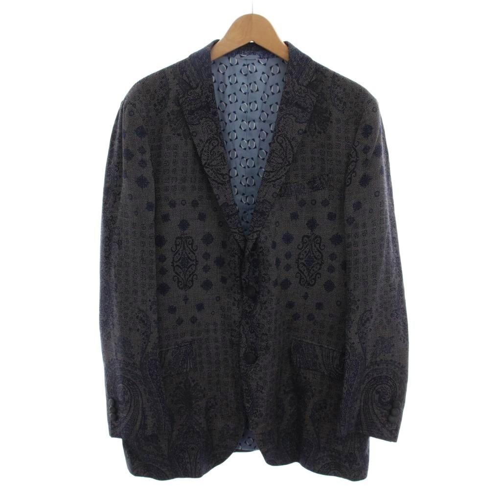 エトロ ETRO テーラードジャケット 総柄 シルク混 アウター 56 紺 ネイビー 黒 白 15380 |YM