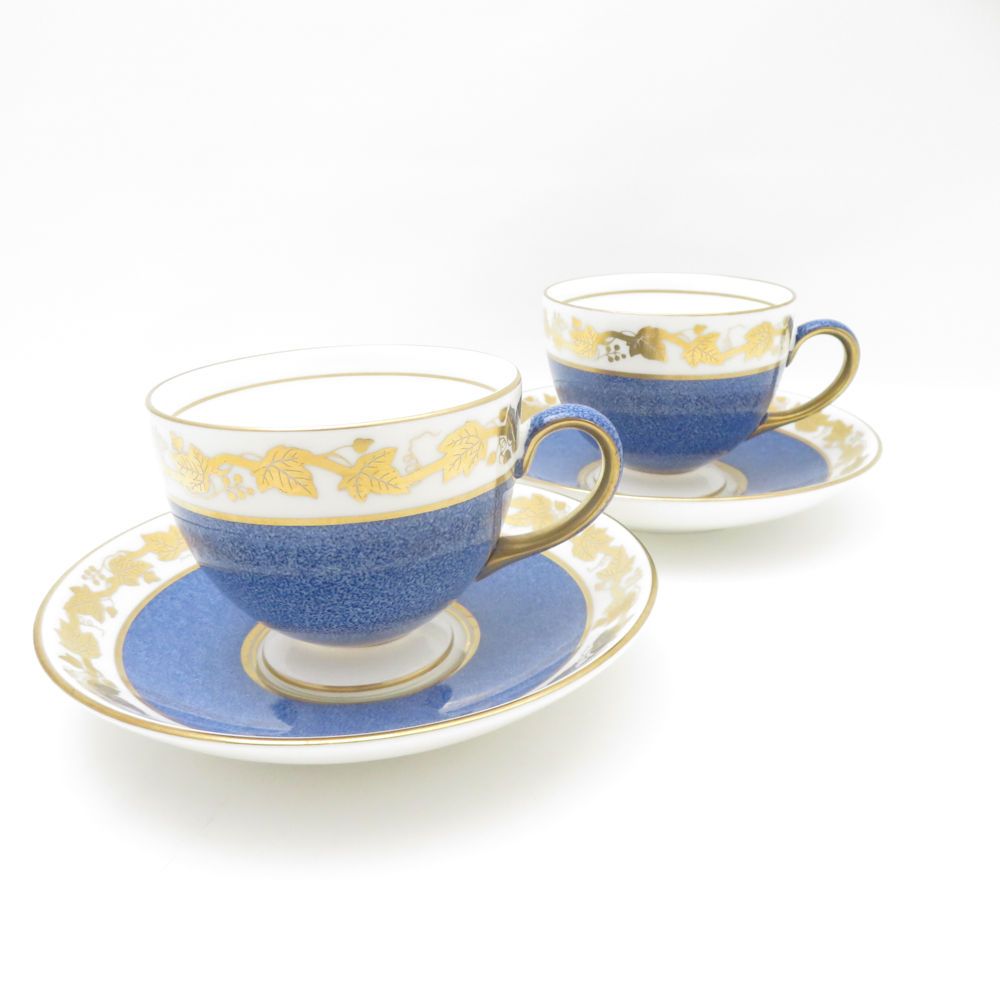 WEDGWOOD ウェッジウッド ホワイトホール パウダーブルー ティーカップ＆ソーサー 2客 ペア リー 金彩 青 リーフ柄 SU13278G1