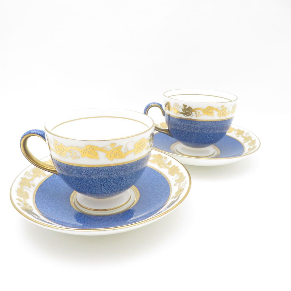 WEDGWOOD ウェッジウッド ホワイトホール パウダーブルー ティーカップ＆ソーサー 2客 ペア リー 金彩 青 リーフ柄 SU13278G1