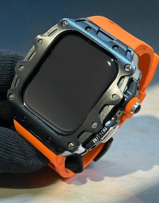 オレンジブラック 別注強化型ブラックバックルモデル アップルウォッチケース カスタム カバー 保護 46 アップルウォッチ series10 series11 ラバーバンド ベルト