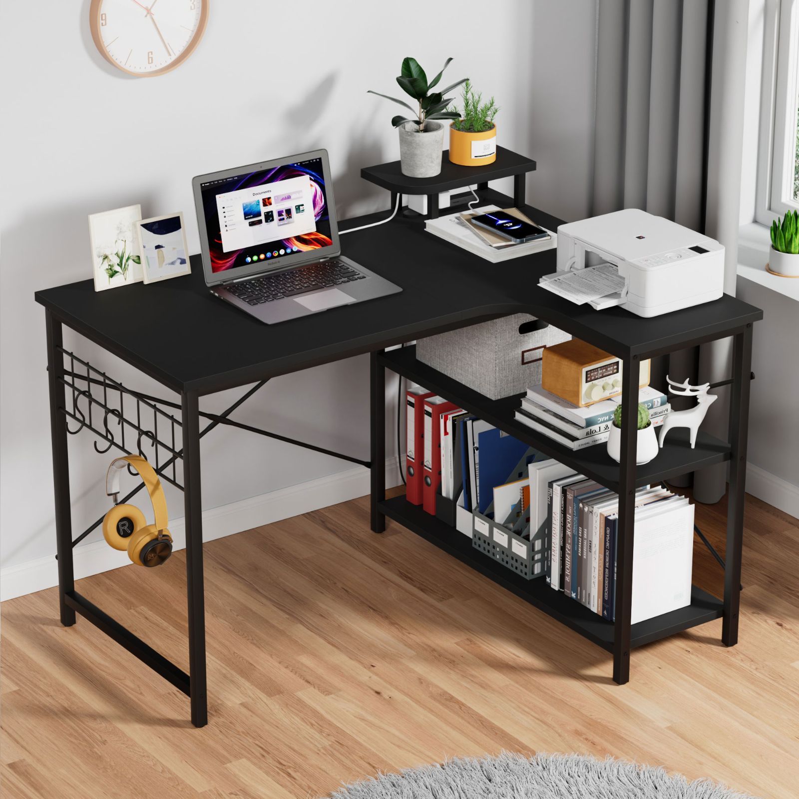 パソコンデスク L字デスク 電源コンセント付き ラック付き サイドメッシュ付き 幅110 棚付デスク A4対応 オープン収納棚 手入れ簡単 在宅勤務 学習 ゲーミングデスク