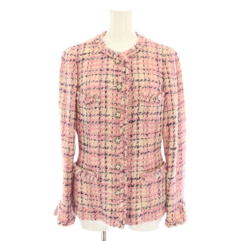 エムズグレイシー M S GRACY スーツ セットアップ 上下 ノー ジャケット スカート ひざ丈 フ フリンジ 38 ピンク 紫 パープル YT