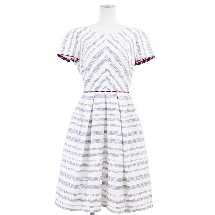 PAULE KA ポールカ ワンピース ストライプ ボックスプリーツ バックファスナー ショートスリーブ 半袖 コットン混 ドレス レディース サイズ 40 ホワイト ブルー レッド 白 青 赤 ポーランド製 119 R98