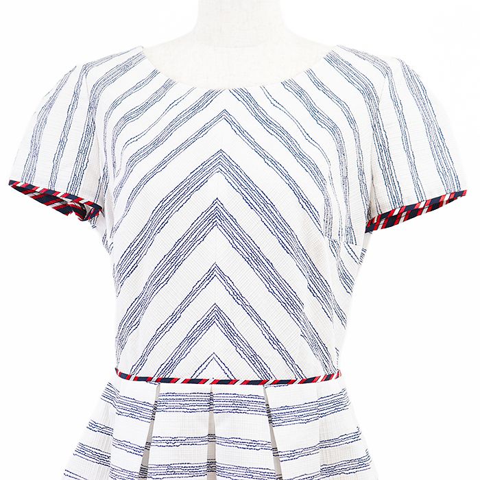 PAULE KA ポールカ ワンピース ストライプ ボックスプリーツ バックファスナー ショートスリーブ 半袖 コットン混 ドレス レディース サイズ 40 ホワイト ブルー レッド 白 青 赤 ポーランド製 119 R 98