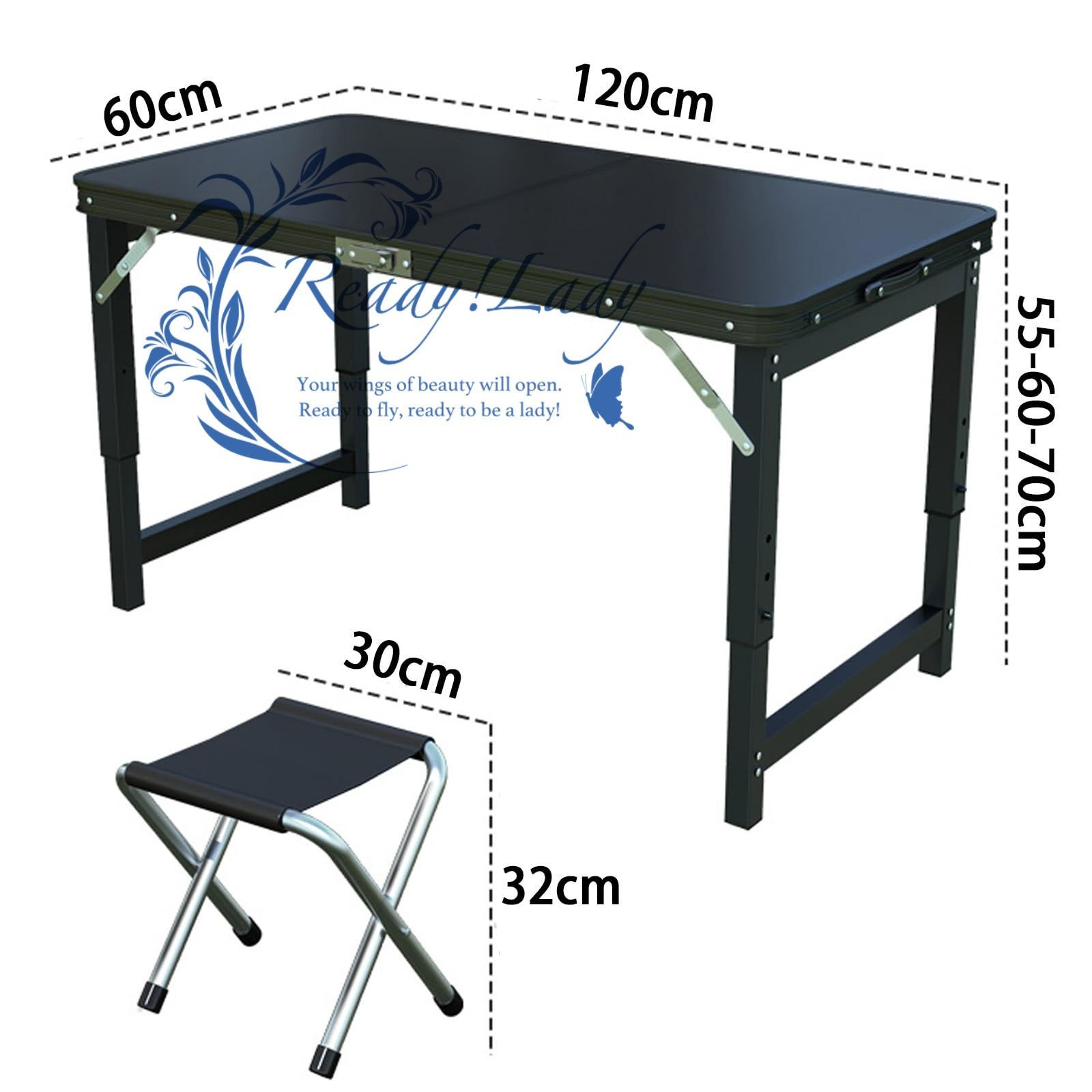 アウトドア テーブル キャンプ テーブル 会議用テーブル 3段階高さ調整 耐荷重150kg 120×60x55-70cm 折りたたみ作業台 ピクニック レジャー キャンプ用 折畳み コンパクト 収納 簡単組立 4脚のフォールディングチェア付き ブラック OLIVEOS_COM_TR