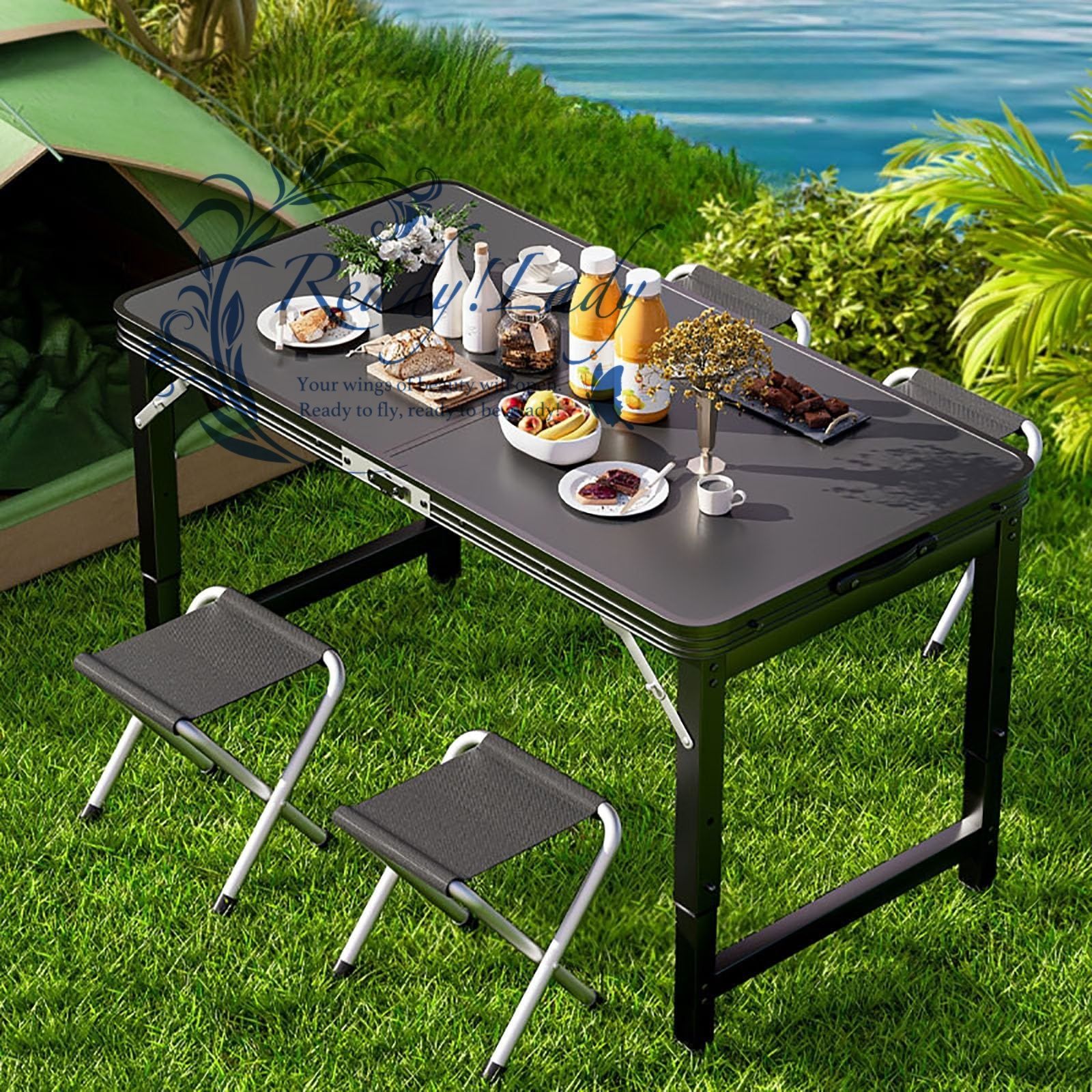 アウトドア テーブル キャンプ テーブル 会議用テーブル 3段階高さ調整 耐荷重150kg 120×60x55-70cm 折りたたみ作業台 ピクニック レジャー キャンプ用 折畳み コンパクト 収納 簡単組立 4脚のフォールディングチェア付き ブラック