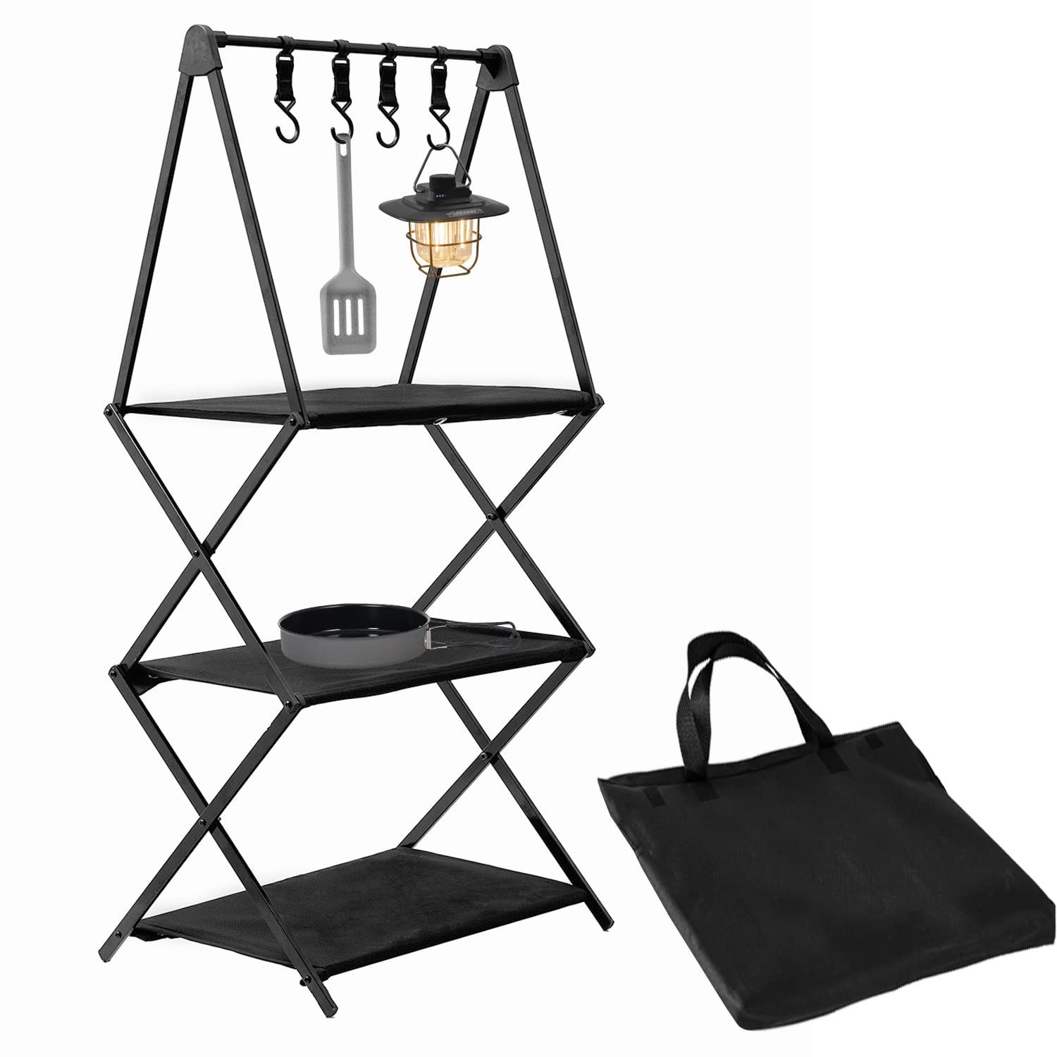 CARBABY アウトドアラック キャンプラック フォールディングラック 3段物置き棚 折り畳み式 軽量 アルミ ハンガーフック4個付き 収納袋付き