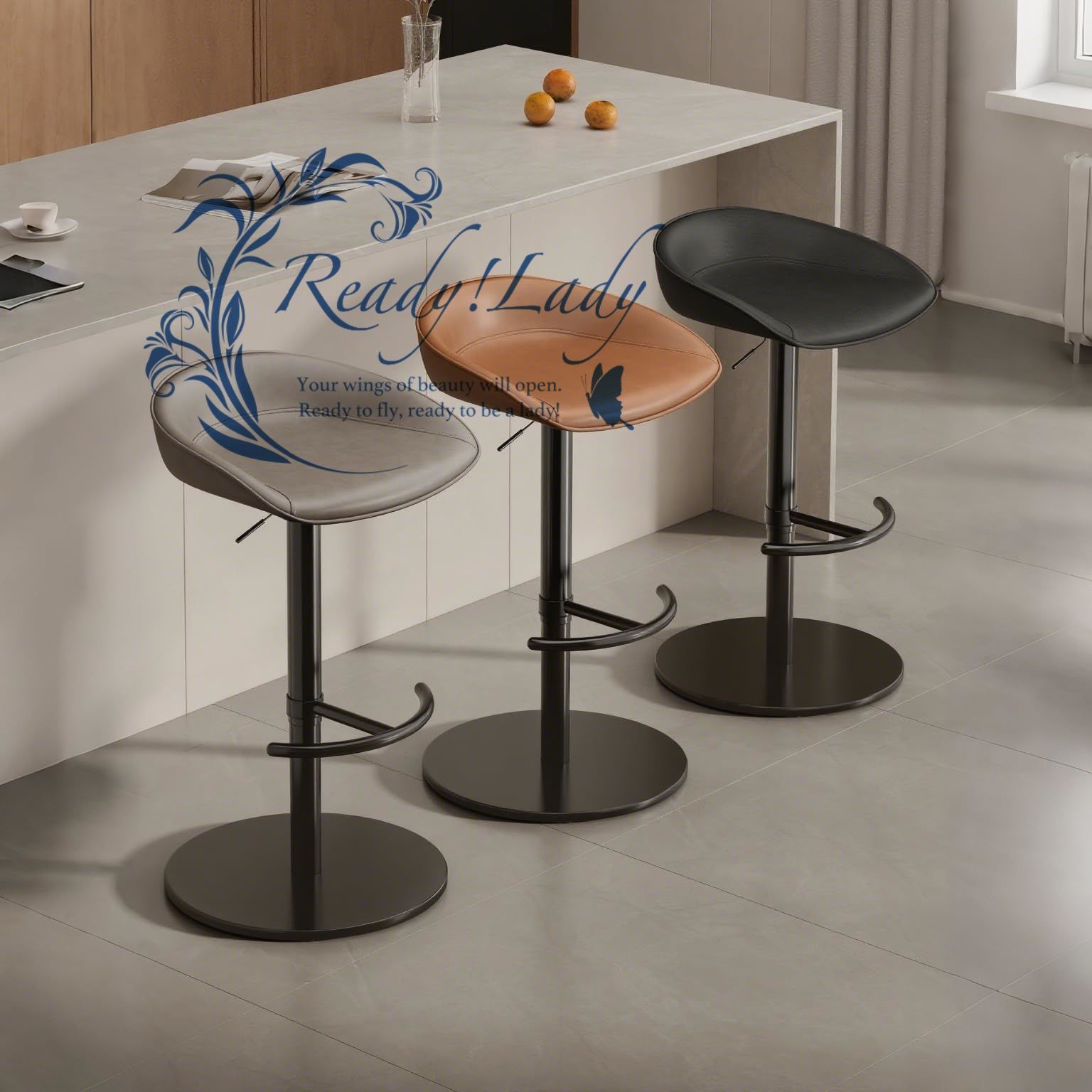 レザー 金属フレーム付きカウンターチェア